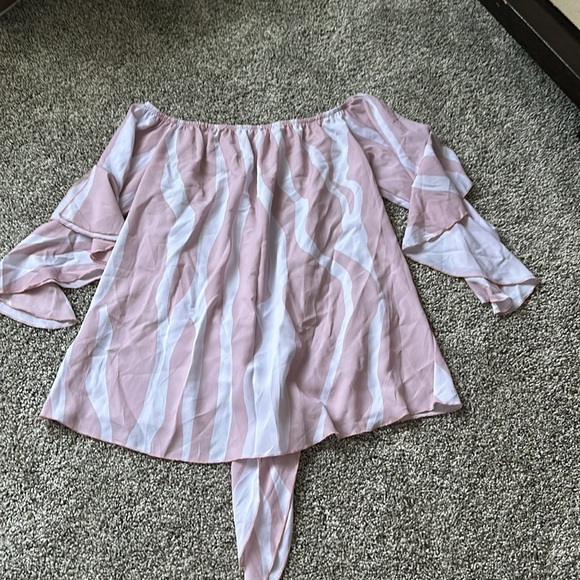 Pink and White Off the Shoulder Tie Front Blouse - Picture 2 of 5